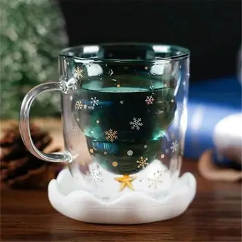 

Lovely Christmas Tree Glass Cup Coffee Mugs Double Wall With Handle Clear Cup 634E