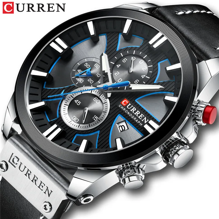 Silver blue CURREN Топ люксовый бренд мужские военные водонепроницаемые кожаные спортивные кварцевые часы хронограф Дата модные повседневные мужские часы 8346 - Цвет: Silver blue