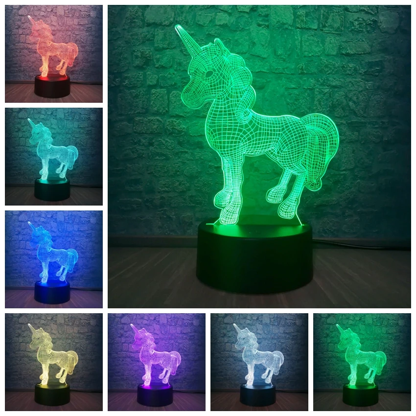 Удача Единорог 3D иллюзия Ночник декор светодиодный настольная лампа USB зарядка Рождественский подарок на день рождения для детей мальчиков и девочек детей