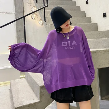 

Plus Size Summer Pullover Sun Protection T Shirt Ladies Cotton Casual Long Sleeve Transparent Tops Purple Tee Shirt 2020 4XL 5XL