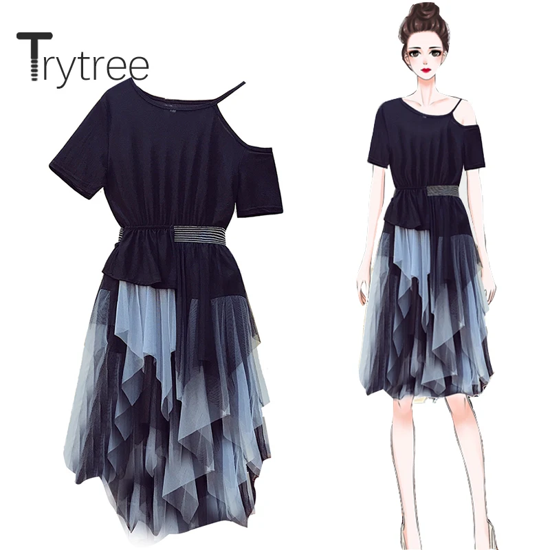 Летнее повседневное женское платье Trytree 2020 Сетчатое лоскутное с круглым вырезом