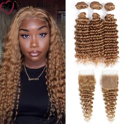 Deep Wave Brazilian Remy Human Hair 3 Bundles With Closure Bundles With Lace Closure 4x4 Blonde 27 30 33 Brown Hair Euphoria