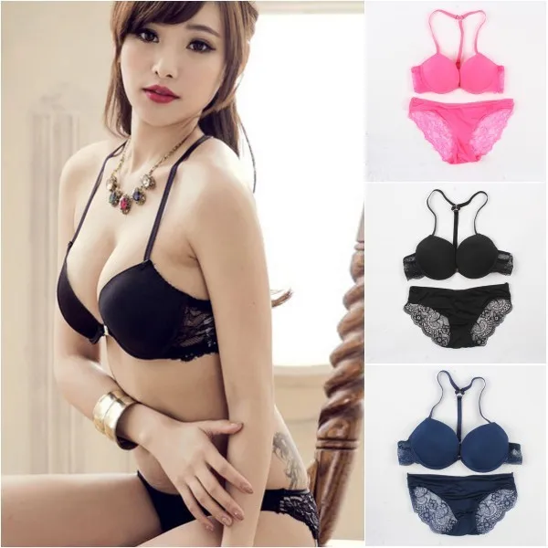 Womens Front Closure Lace Racer Back Racerback Push Up Bras Seamless Bra +Thong lace bra and panty sets