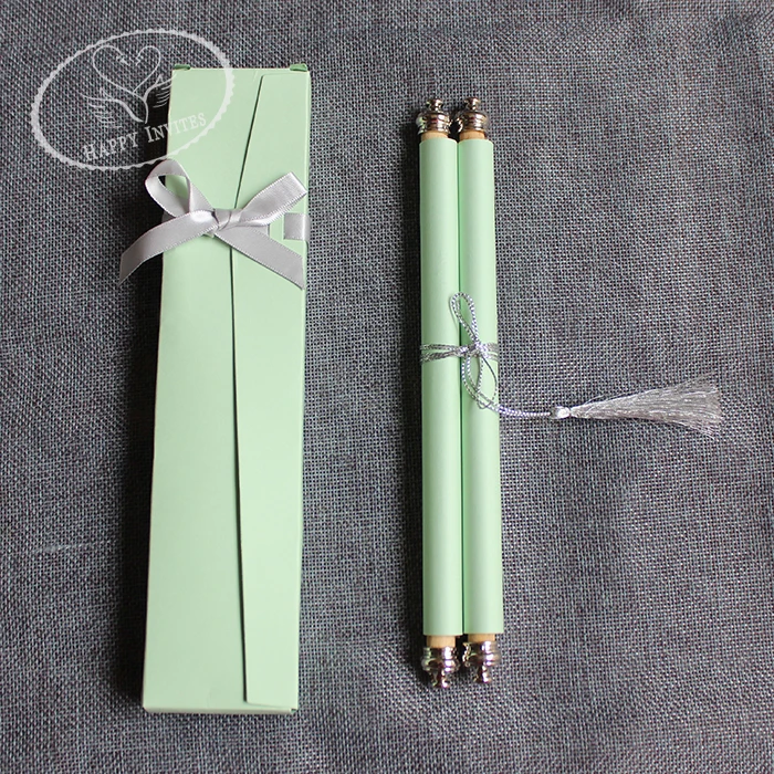 HI2051-24 Customized Light Green  Scroll Wedding Invitation with Champagne Wirting