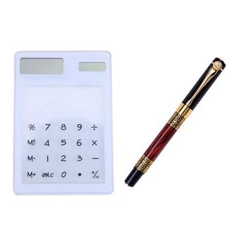 

1 Pcs Transparent Calculator Clear Scientific Calculator & 1 Pcs Chinese Classical Fountain Pen Golden Signature Pen