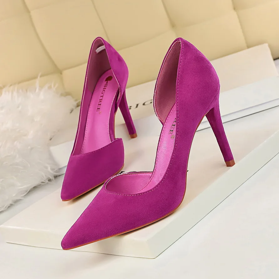 

Brand women pumps Elegant thin high heels Office Lady shoes Concise Basic Flock pointed toe Single shoes woman Zapatos mujer
