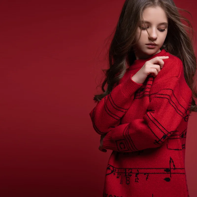 

New Year Sweater for Girls Music Note Print Midumn Long Teenagers Sweater Big Kids Tops Red Winter Thick Warm Clothes 8-17 Years