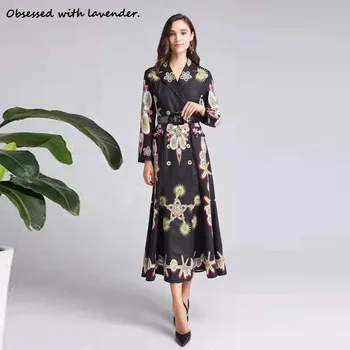 

Obsessed with lavender. New fashion printed suit collar dress button printing autumn and winter women