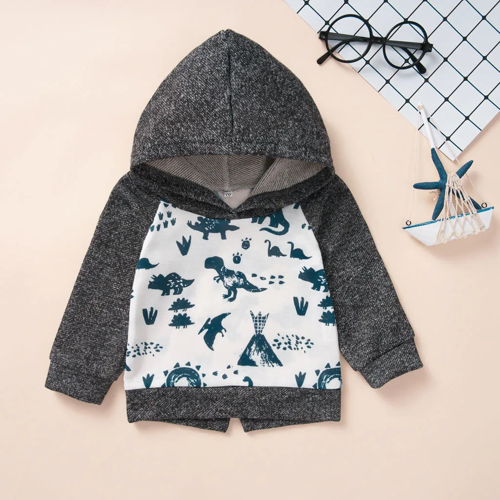 Winter warm newborn baby boy baby cotton handsome dinosaur pattern hoodie T-shirt shirt striped pants children clothes suit