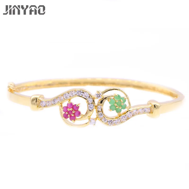 JINYAO Роскошный желтый золотой цвет цветок красный зеленый камень циркон манжета