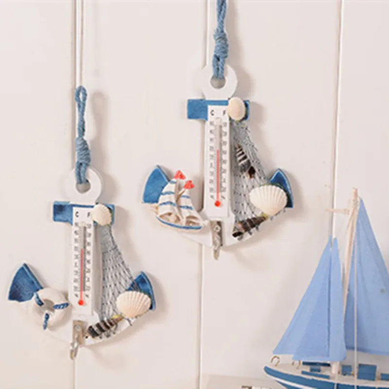 

Wood Anchor Thermometer Crafts Art Wall Hanging Hook Meter Gauge Shell Nautical Decor Vintage Home Decoration Creative Gift