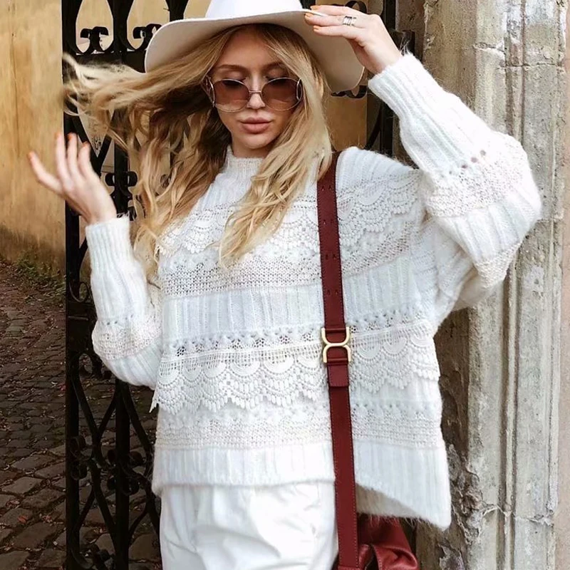 TEELYNN кружевной Свитер оверсайз пуловер Осенне-зимние теплые женские вязаные