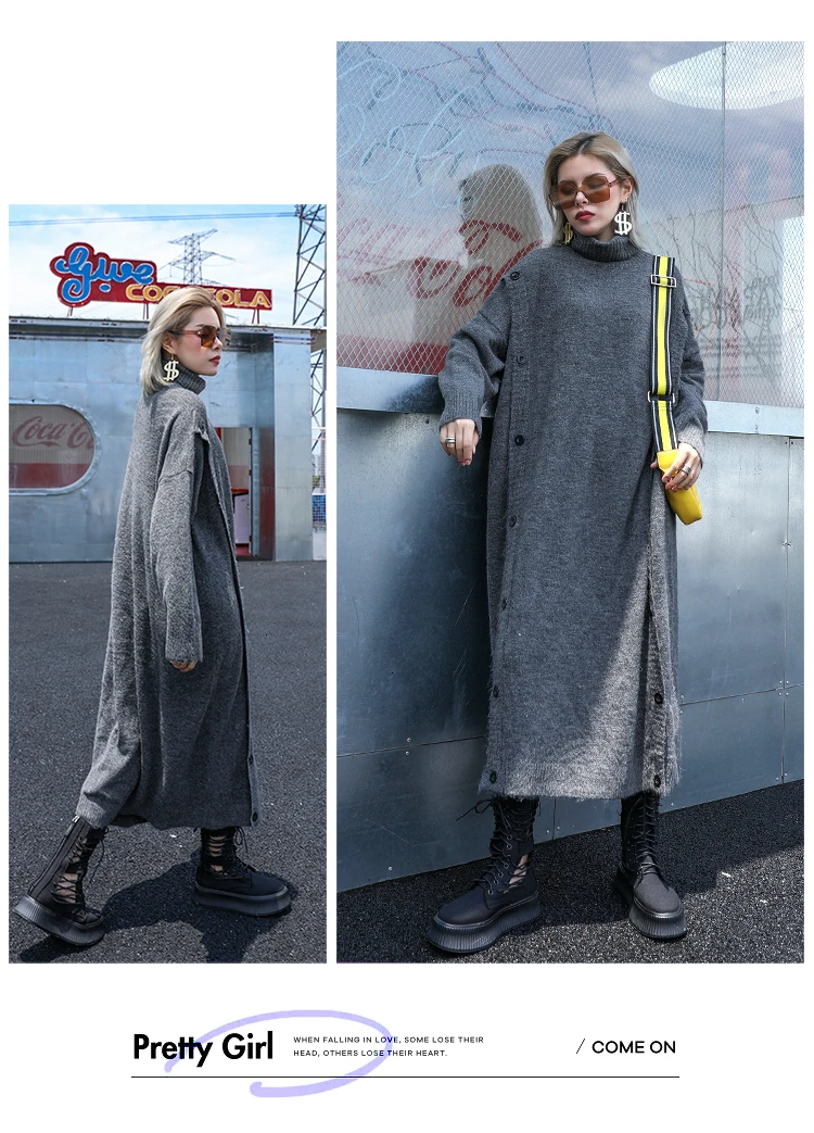 QING MO Black Gray Red Coffee Women Turtleneck Sweater Dress Women Winter Knitted Dress Streetwear Loose Dress ZQY2502