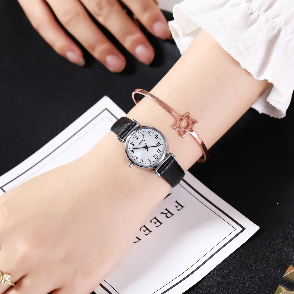 Женские Мини-дизайнерские кожаные арабские цифры аналоговые кварцевые часы в подарок часы