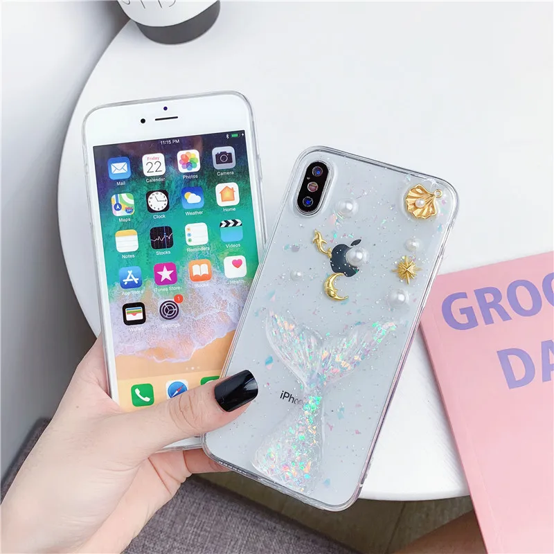 Луна Звезда Дельфин блестящий чехол для телефона для iPhone 6 6 S 7 8 Plus X XR XS MAX Блестящий морской жемчуг оболочка хвост русалки чехол