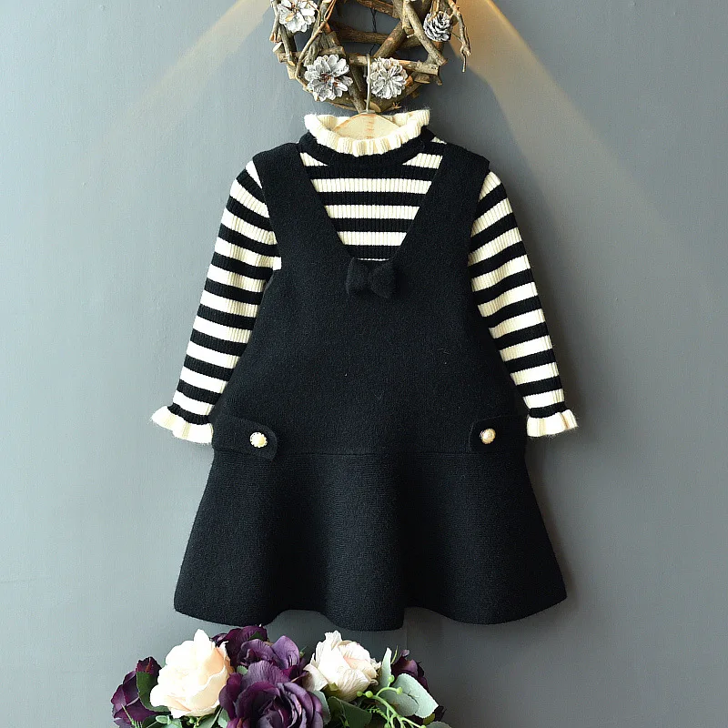 Yorkzaler Autumn Winter Knitted Children Clothing Set For Girl Striped Sweater With Dress Girl 2pcs Outfits Christmas Suit 3Y-7Y