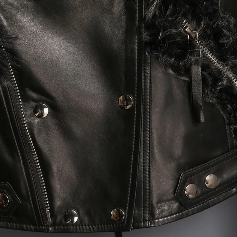 Осень зима 2020 зимняя кожаная куртка настоящая женская черная мотоциклетная в