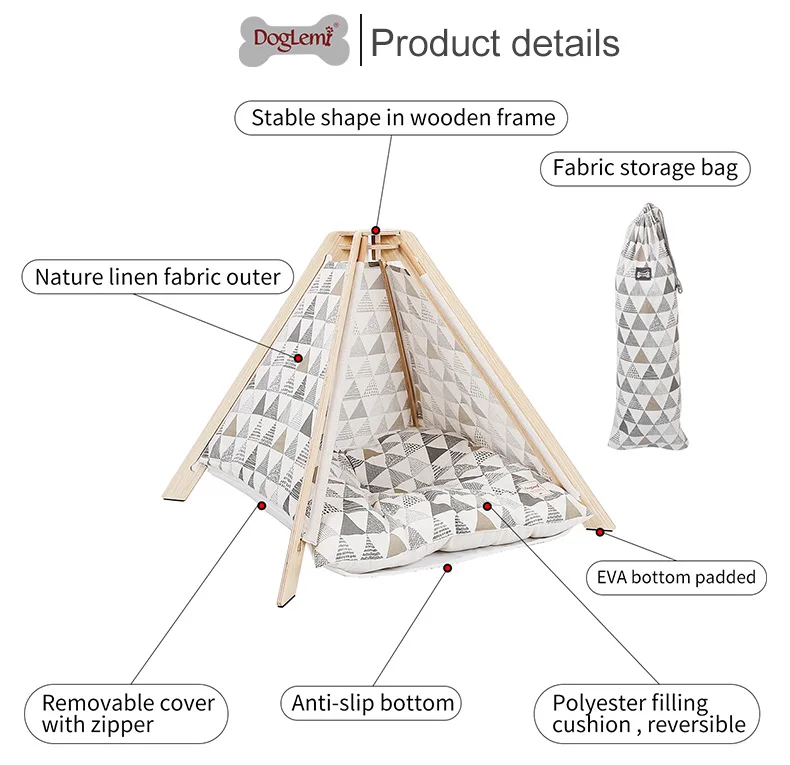 Doglemi Nature Canvas Pet Teepee Tent Wood Tipi Dog Cat House