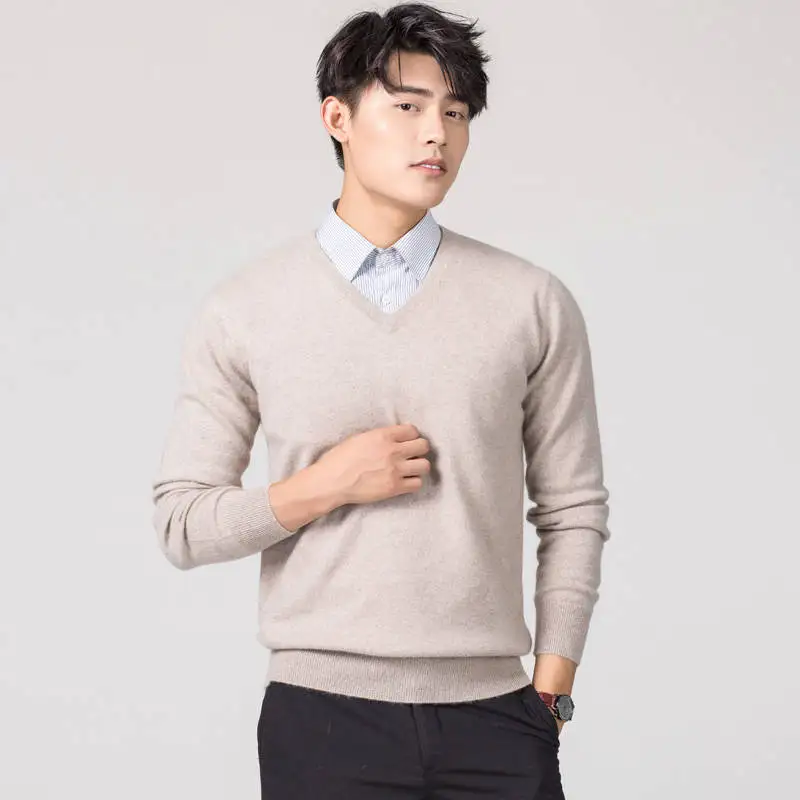 Мужские пуловеры, новинка зимы, модный свитер Vneck, кашемировые и шерстяные вязаные Джемперы, Мужская шерстяная одежда, Лидер продаж, стандартные мужские топы - Цвет: Vneck camel