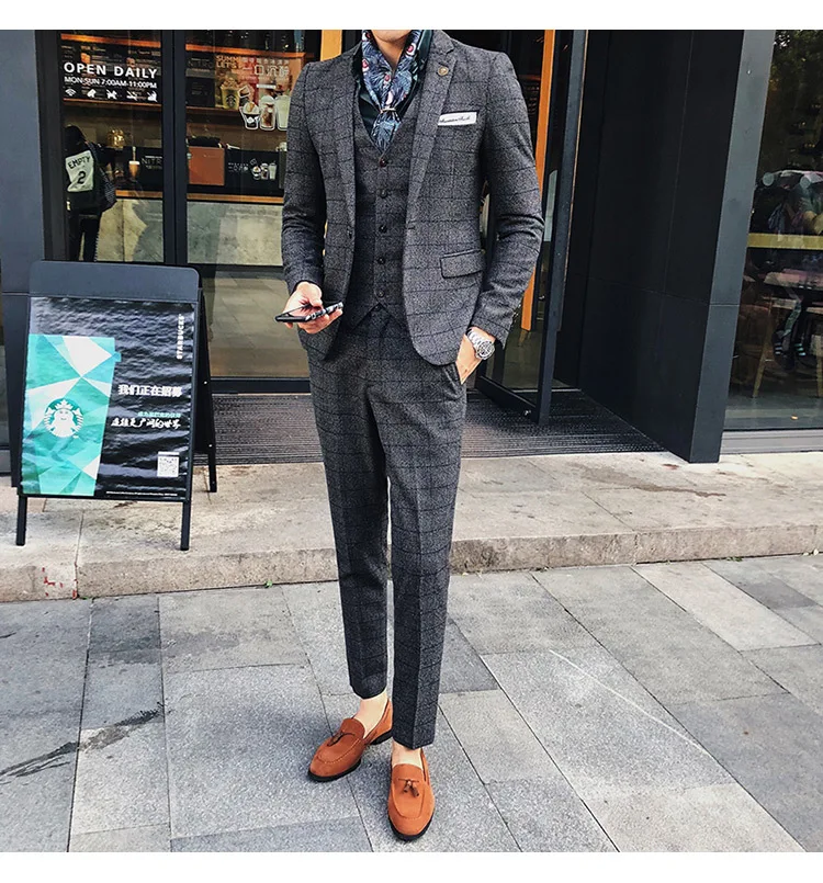 Autumn And Winter Plaid Suit Men's British Wind Wedding Wool Three Sets Of Korean Slim Thick Small Suit Handsome