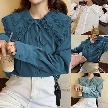 

Plus Size Women's Lace Patchwork Blouse 2020 ZANZEA Stylish Autumn Shirts Casual Long Sleeve Blusas Female Button Lace Up Tops