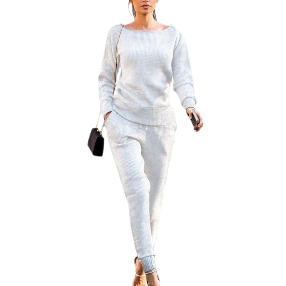 WENYUJH Женский комплект, вязаный костюм,, повседневный спортивный костюм, Круглый ворот, длинный рукав, однотонный, бодикон, женские спортивные костюмы, весна-осень-зима - Цвет: White
