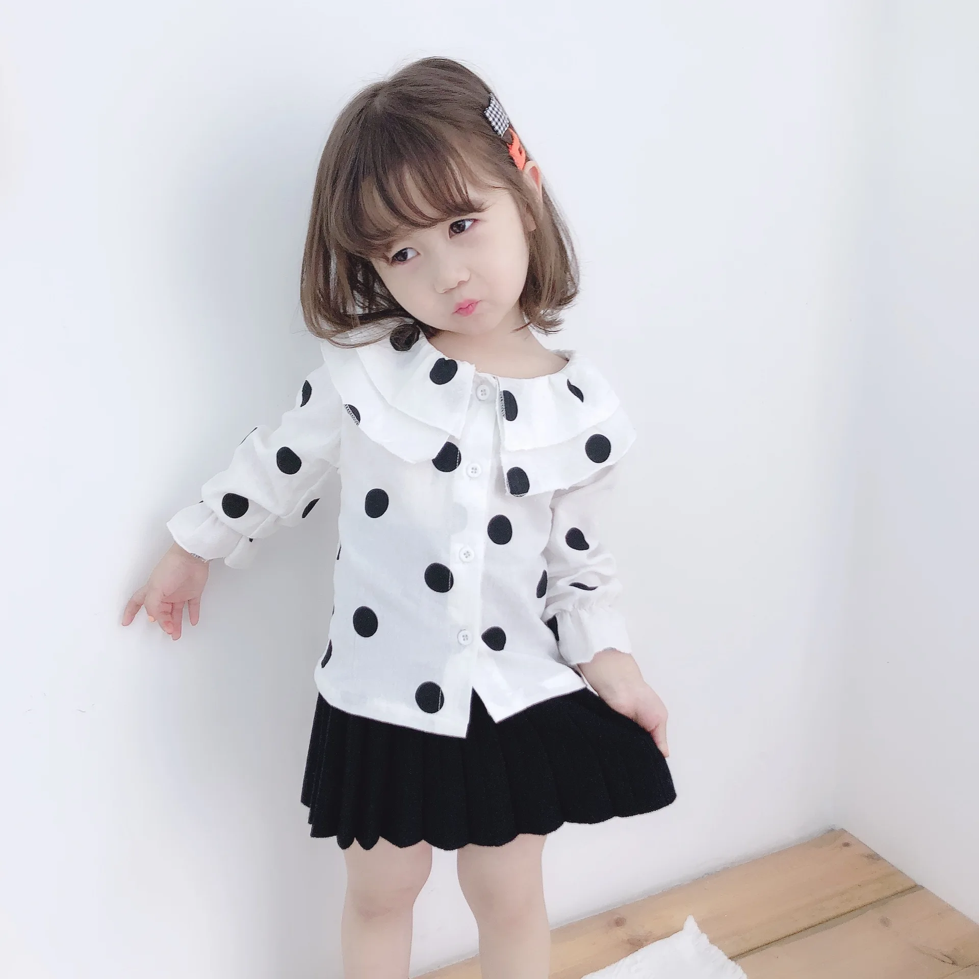 Baby Wear blouse Autumn style girl polka dot top Kids solid color cute baby girl bubble sleeve Shirt Children's fleece