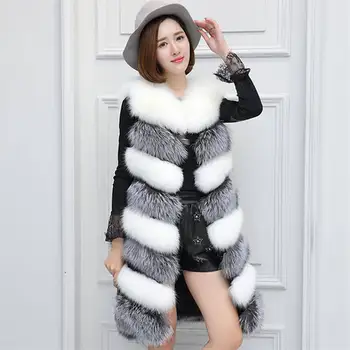 

2019 Autumn Winter Faux Fox Fur Patchwork Fur Sleeveless Women Slim O Neck Waistcoat Vestidos Fashion Streetwear Long Jacket