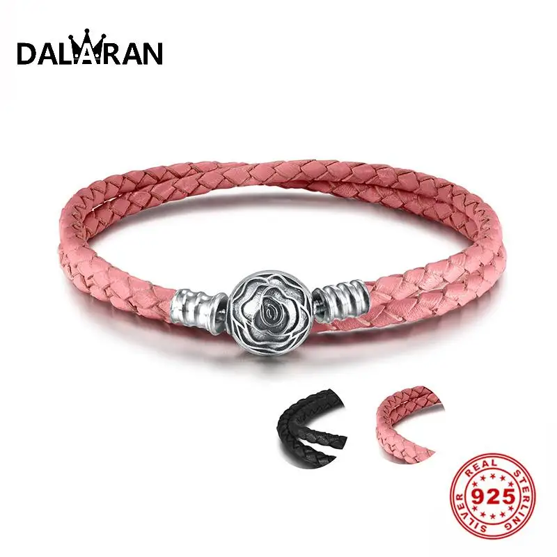 Женский двойной плетеный кожаный цепной браслет DALARAN черный розовый с застежкой