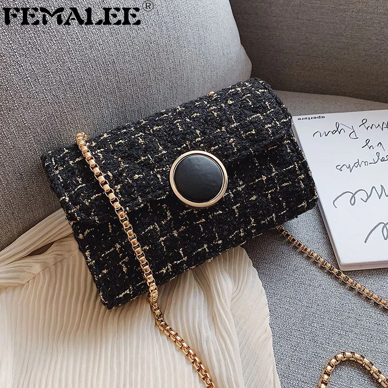 

Chic Round Lock Fashion Chains Fashion Patchwork Tweed Flap Plaid Shoulder Bag Chain 2019 New Wool PU Leather Cross Body Bag Sac