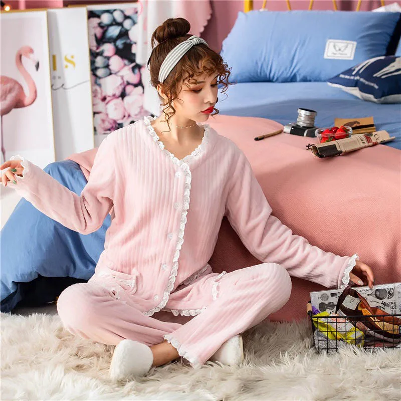 Winter New Ladies Flannel Pajamas Set Solid Color Sweet Pink Sleepwear 2PCS Set Women Comfort Thick Female Winter Homewear
