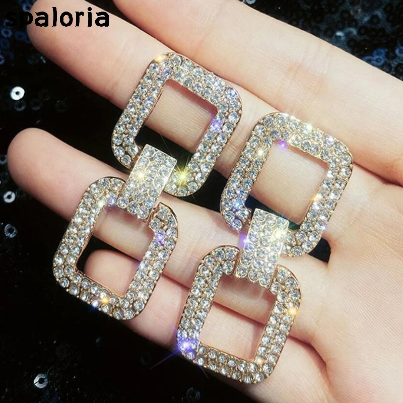 

Spaloria Luxury Shiny Crystal Dangle Drop Earrings Large Square Geometry Earring For Women Fashion Korean Jewelry Brincos Female