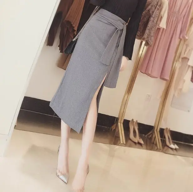Новинка осени 2019 асимметричная юбка в Корейском стиле с разрезом и длинными