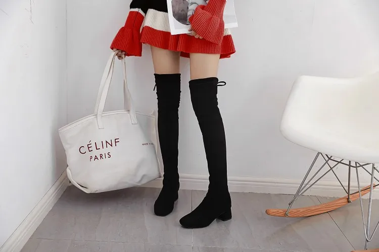 NASBAVI new Elastic Slim Fit Over The Knee Boots Women Winter thigh Lace up ladies mid heel Solid color long boot