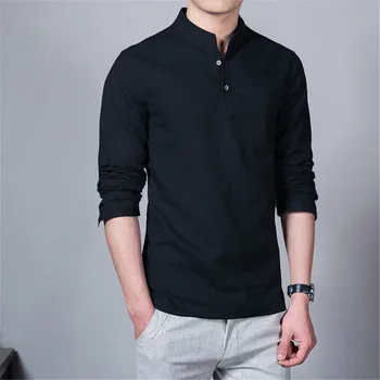 

2020 New Cotton Linen Shirt Men's Long Sleeve Solid Color Stand Collar Chinese Men's Casual Shirt