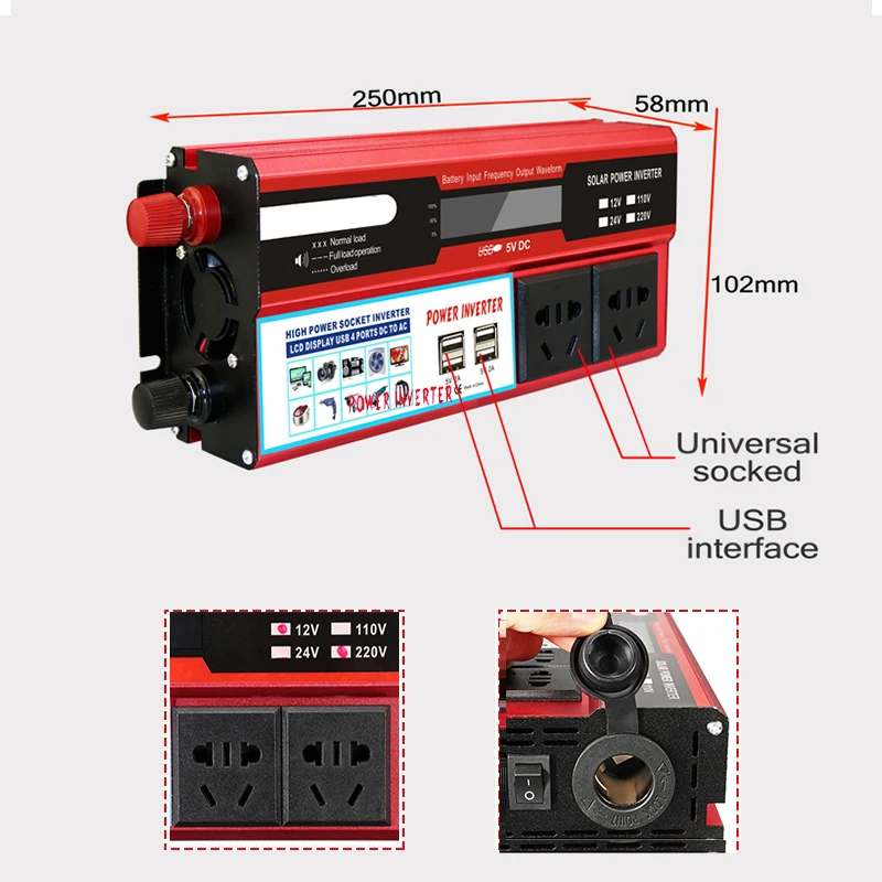 Автомобильный Инвертор DC12/24 V к AC110/220 V синусоидальный преобразователь цифровой дисплей 1500W солнечные интерфейсы Солнечная энергия Кемпинг