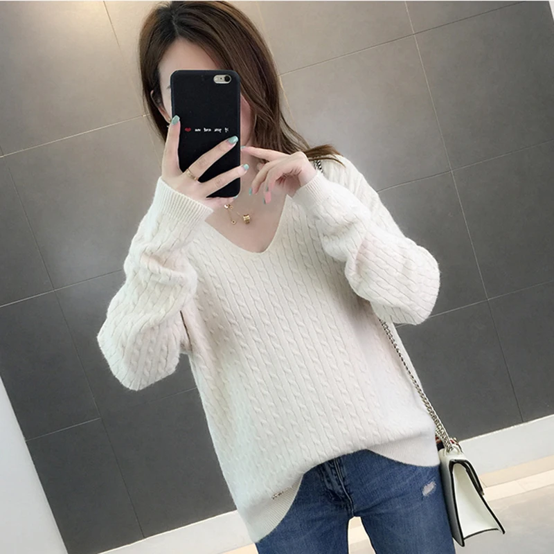 

Women Autumn Winter Elegant Sweaters V-neck Long-sleeved Warm Slim Bottoming Jumpers Knitwear White Jumpers Pull