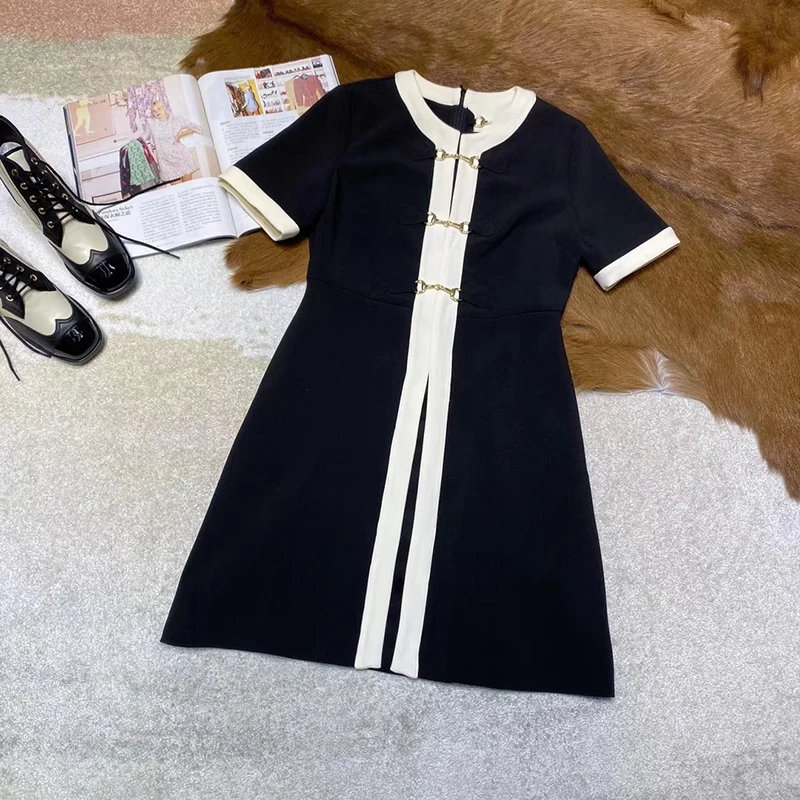 Grand Brand Dress for Women High Quality Spring Autumn Casual Dress for Lady Chiffon Dresses Short Sleeve O-Neck Dress