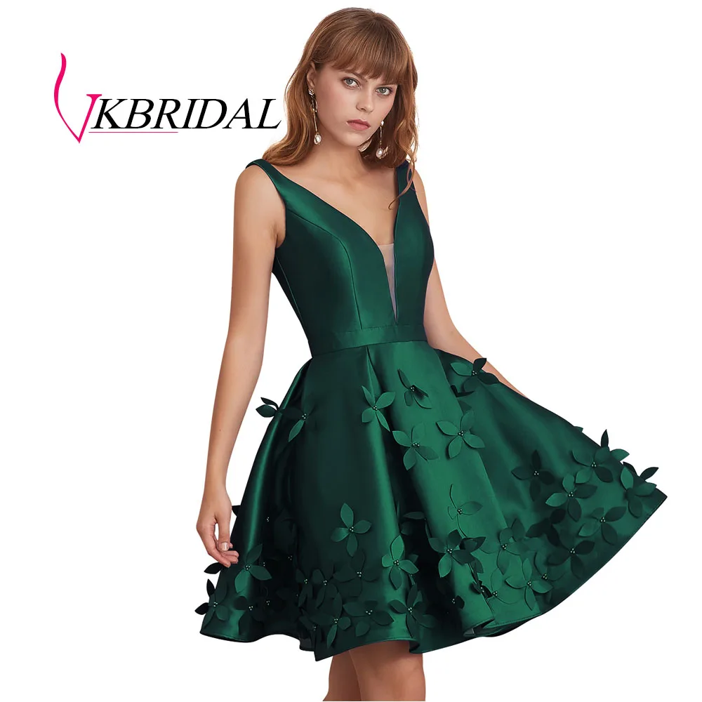 VKBRIDAL с низким вырезом на спине тёмно-синие короткие платья для выпускного вечера сексуальное подключения-водолазки для девочек атласное платье Встреча выпускников/корпоративы Выпускной платье - Цвет: Зеленый