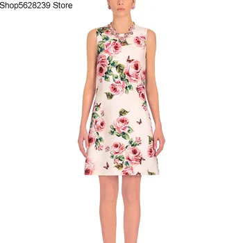 

Socialite Temperament D Rose Butterfly Printing Shallow Pink Round Neck Sleeveless Dress