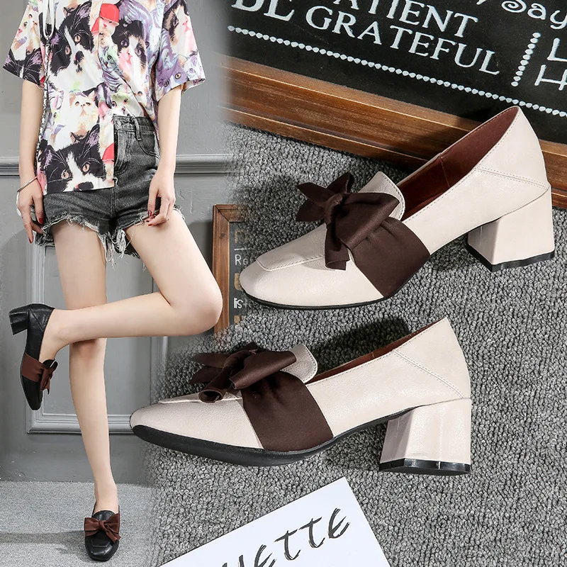 

Large Size 2019 Spring And Autumn New Style Chunky-Heel Semi-high Heeled Shoes Square Head Women's Small Leather Shoes Retro Ver