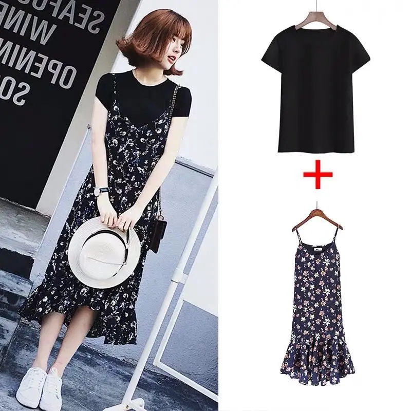 

Korean-style 2019 Spring Clothing New Style Flounced Mid-length V-neck Floral with Cotton Strapped Dress Two-Piece Women's Summe