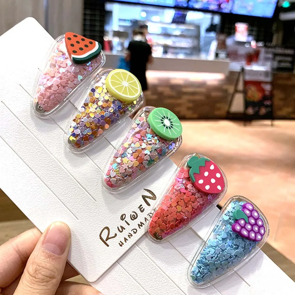 

1pcs Korean Color Hair Clip Quicksand Transparent Hairpins Children Fruit Hair Clip PVC Side Clip Baby BB Hair Accessories