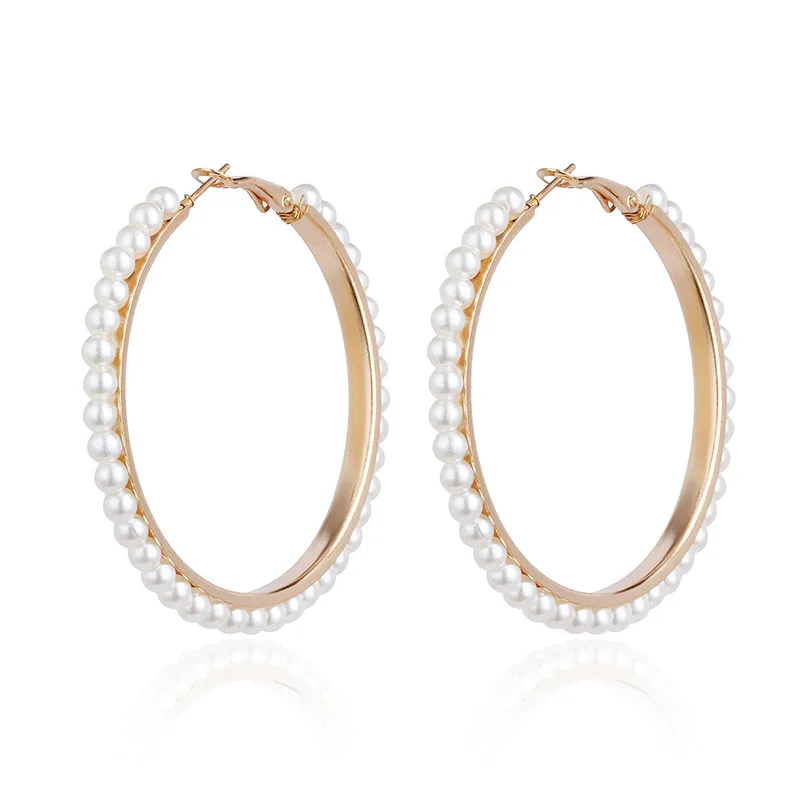 Новые большие круглые серьги-кольца для женщин, имитация жемчуга, большие серьги золотистого цвета ювелирные изделия для вечеринок - Окраска металла: Gold