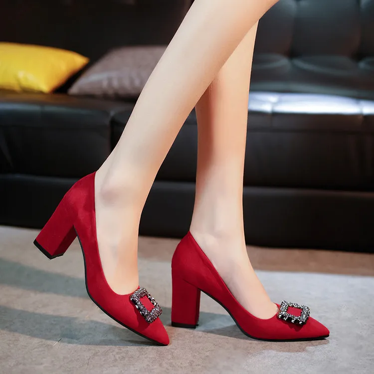 

Spring And Summer New Style Metal Square Buckle Shoes Women's Europe And America Chunky High Heel Shoes Shallow Mouth Pointed Du