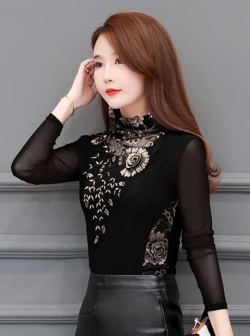 M-7XL blusas mujer de moda, осенняя Водолазка с длинным рукавом, сетчатые топы, элегантная тонкая блузка с вышивкой, рубашка размера плюс, рубашка