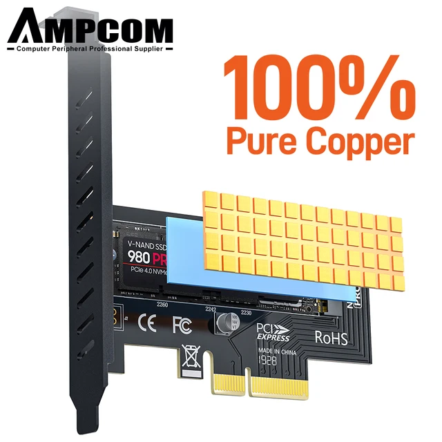 AMPCOM M.2 NVME SSD to PCIe 4.0 Adapter Card, 64Gbps SSD PCIe 4.0 X4 Expansion Card for Desktop PC , PCI-E GEN4 Full Speed With Heatsink