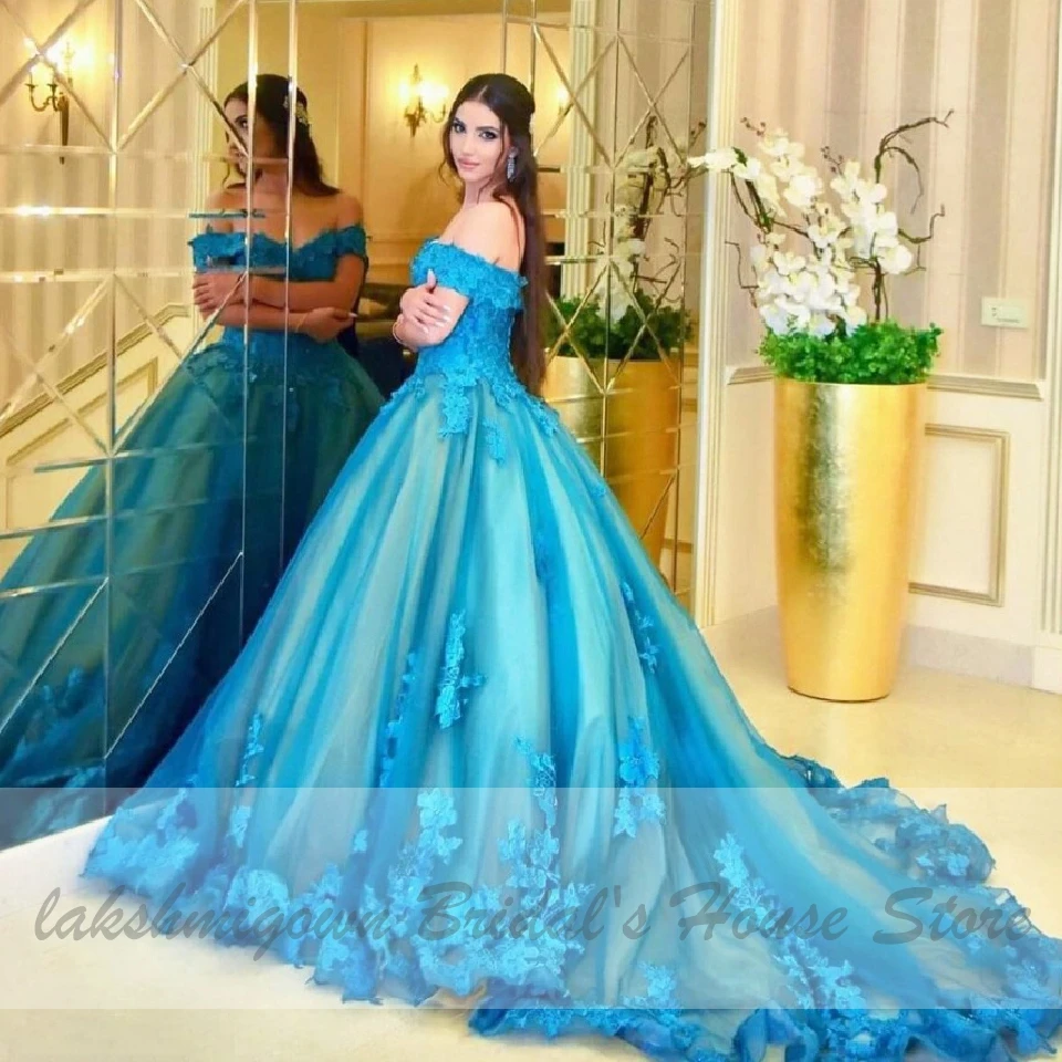 Роскошное голубое свадебное платье в Дубае с цветочным рисунком, свадебное платье принцессы с открытыми плечами, турецкое свадебное платье размера плюс, кружевное платье на спине