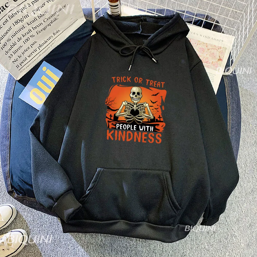 

Gothic Hoodies Skeleton Trick or Treat Winter Punk Clothes Womens People with Kindness Oversized Sweatshirts Velvet Hip Hop Tops