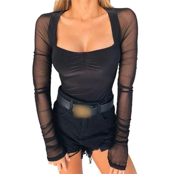 

Womens Sexy Mesh Transparent Long Sleeve Bodysuit Casual Solid Party Club Bodysuit For Women Black Short Jumpsuit 2020 New